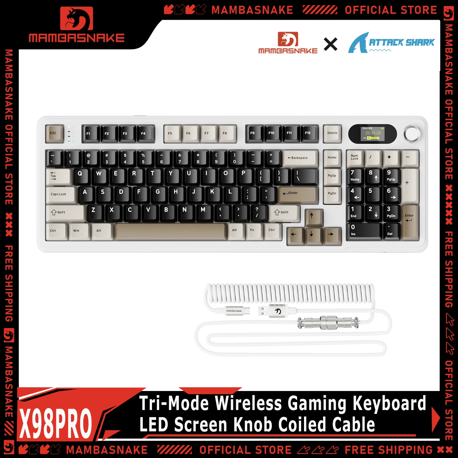 ATTACK SHARK X98PRO Tri-Mode Wireless Gaming Mechanical Keyboard With Coiled Cable 98 Keys Hot Swap RGB With LED Screen Knob