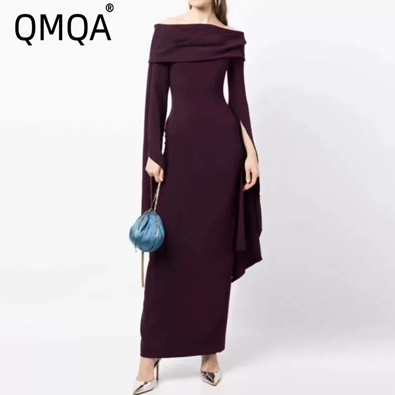 

QMQA Fashion Women's Evening Dress Slash Neck Long Sleeve High Waist Slimming Solid Color Elegant Party Dresses 2025 New QM500