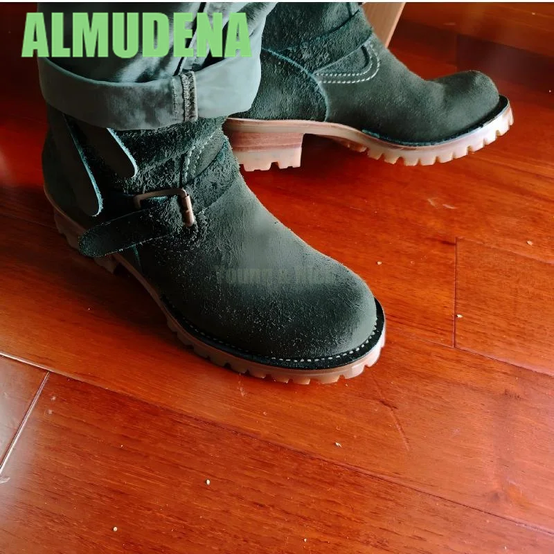 Suede Military Green Motorcycle Boots Metal Belt Buckle Knight Boots Trendy Men's Minimalist Sleeve Height Increasing Boots