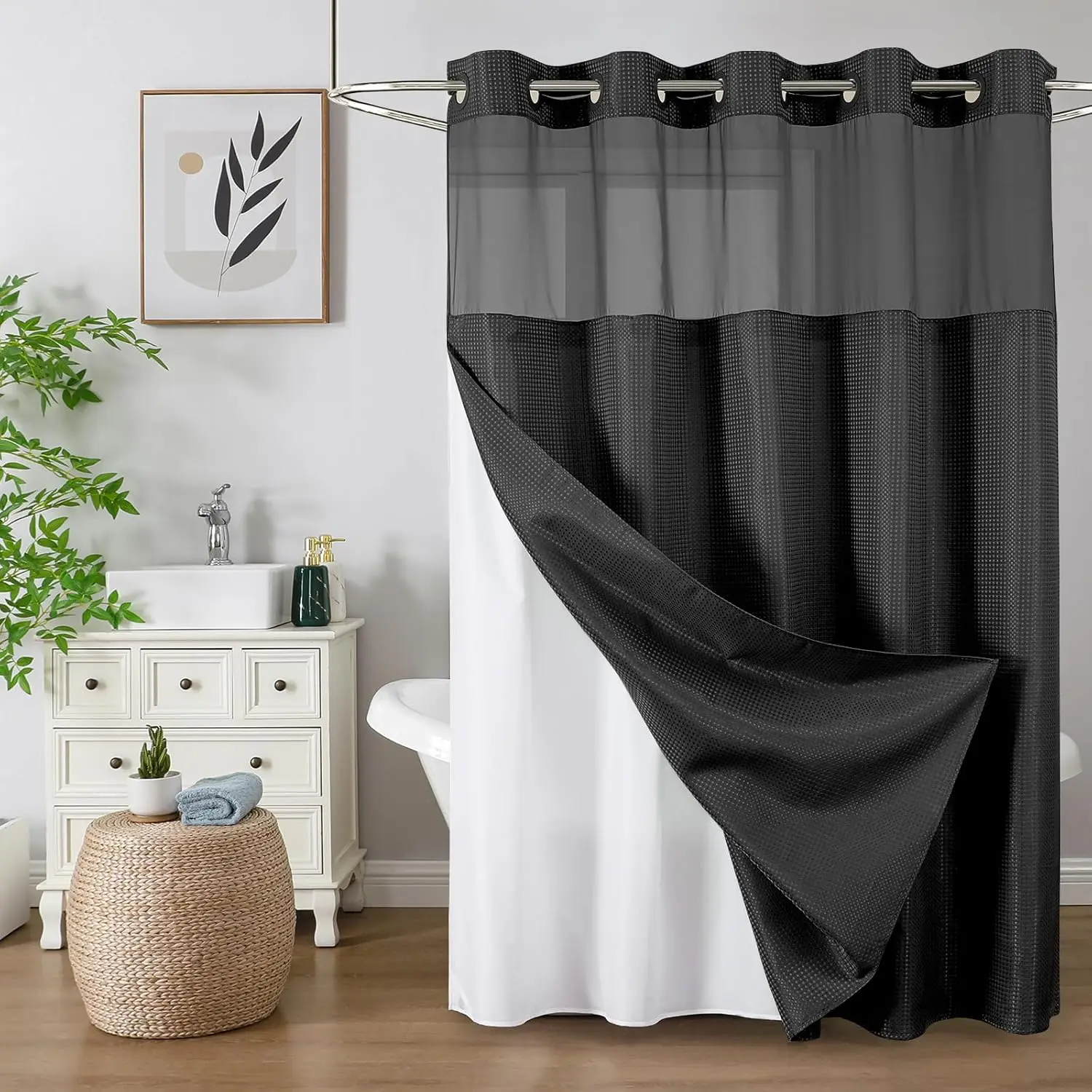 

Colorful Star Waffle Shower Curtain with Snap, Waterproof See-Through Window, Heavy Duty Hotel Luxury Bathroom Set, 72x75 Black