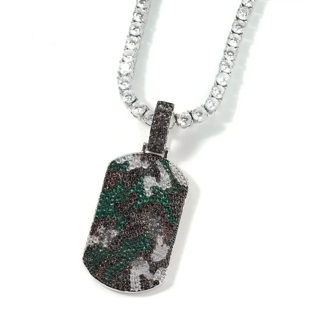 Camouflage Badges Shape Bling Bing Iced Out Pendant Necklace Rock Rapper Fashion Hip Hop Jewelry BP339