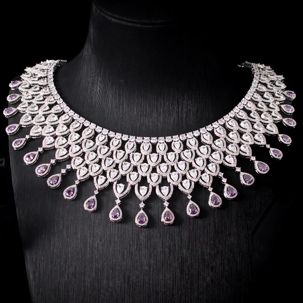 00090NE Indian Bridal Jewelry Set Water Drop Emerald Cubic Zirconia Necklace Dangle Earrings Wedding Party Statement Jewellery
