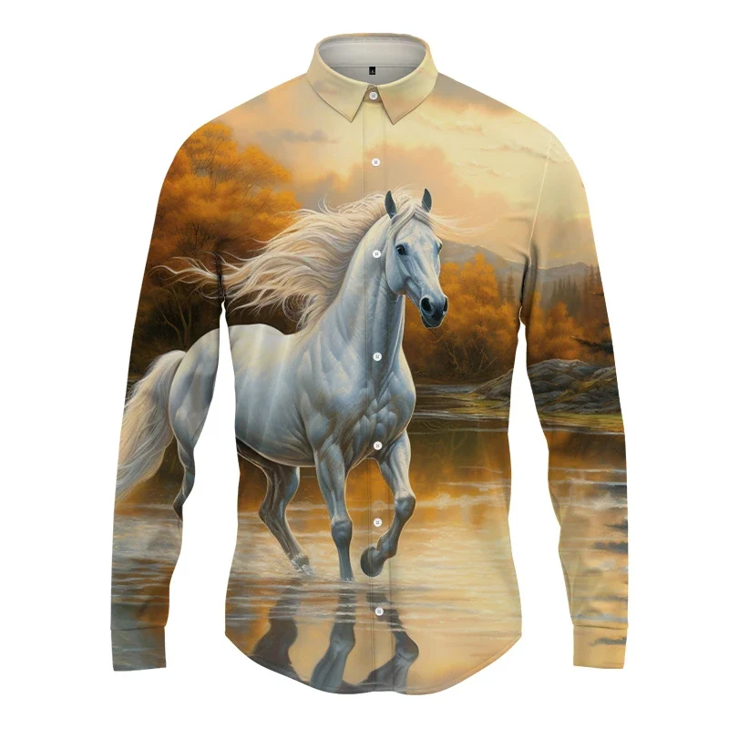 Hawaiian Long -sleeved Shirt Streets Harajuku Men\'s Spring Autumn Fashion Men\'s Button Shirt 3D Horse Print Camisas De Hombre