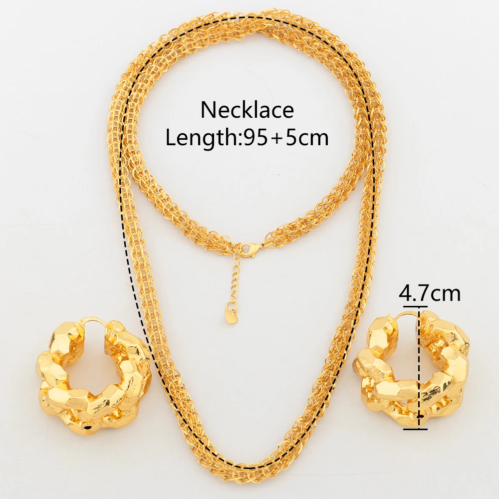 Dubai Gold Plated Jewelry Set Copper Bold Earrings for Women African Long Chain Necklace 45/60/80/100mm Wedding Bridal Jewelry