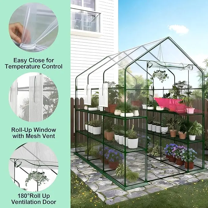 Portable Outdoor Greenhouse, 57 x 85 x 77 In Heavy Duty Walk-Through Greenhouse, Polyethylene Cover, Mesh Door and Viewing Windows