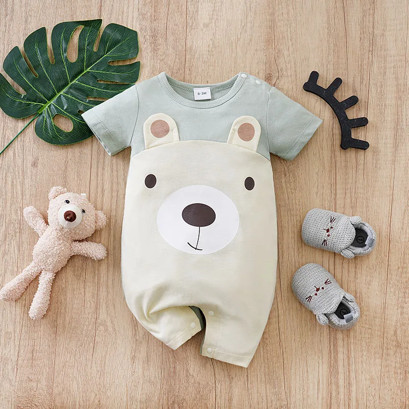 Newborn Boys And Girls Cute Cartoon Animal Teddy Bear Splicing Three-Dimensional Ears Summer Short Sleeved Baby Jumpsuit