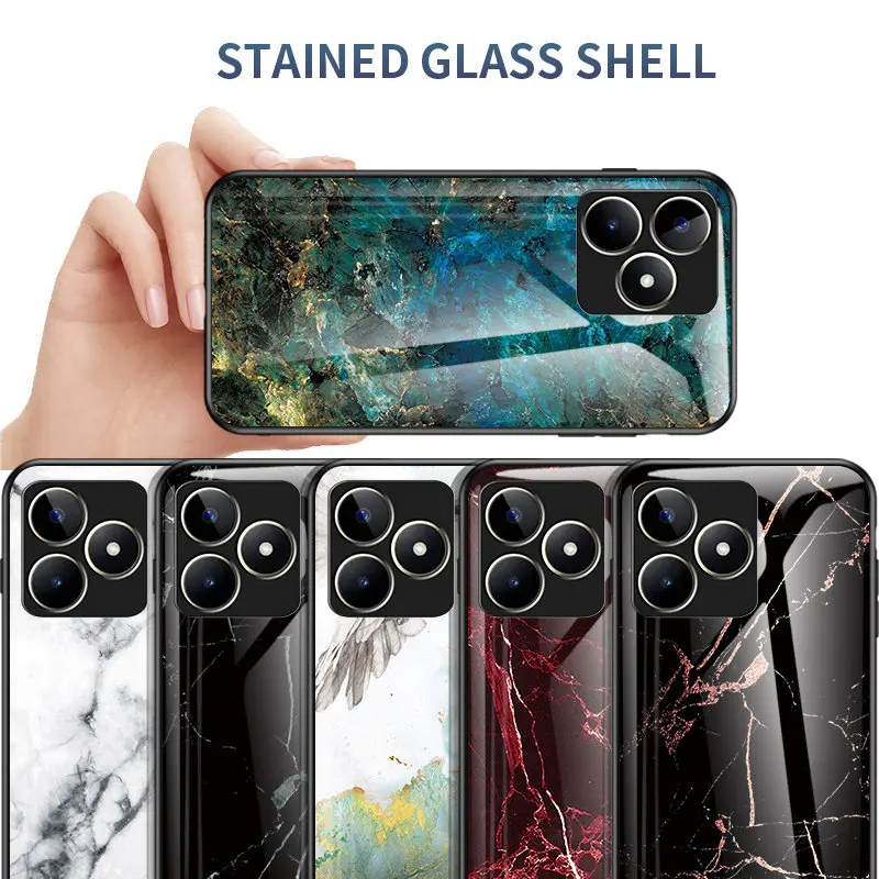 Realme C53 RealmeC53 RMX3760 Case Marble Grain Tempered Glass Hard Back Cover Silicone TPU Bumper Case for Realme C53 RealmeC53