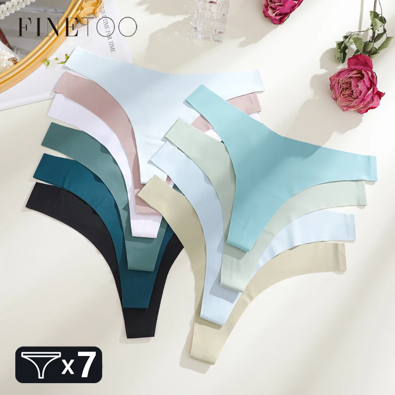 FINETOO 7PCS Nahtlose Eis Seide Tangas Frauen Ultra Dünne Höschen Sexy V Taille G-String 14 Farben Unterwäsche Mädchen dehnbare Dessous