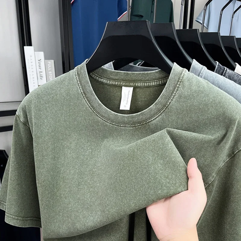 

American Style Retro Heavyweight Solid Color Short Sleeved T-shirt Men Women Summer Street Trendy Washed Old Oversized Clothes