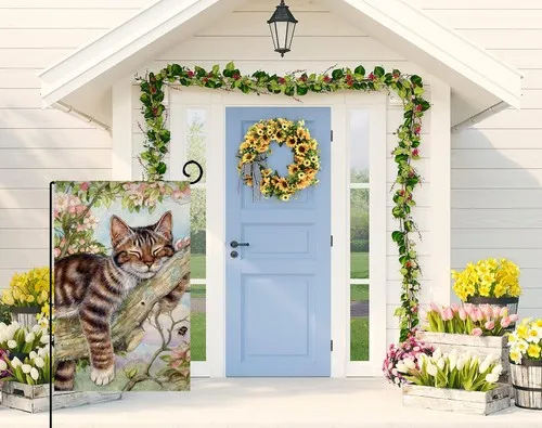 BLKWHT Spring Cat Garden Flag 12x18 Vertical Double Sided Pink Floral Farmhou... HHJ LLG