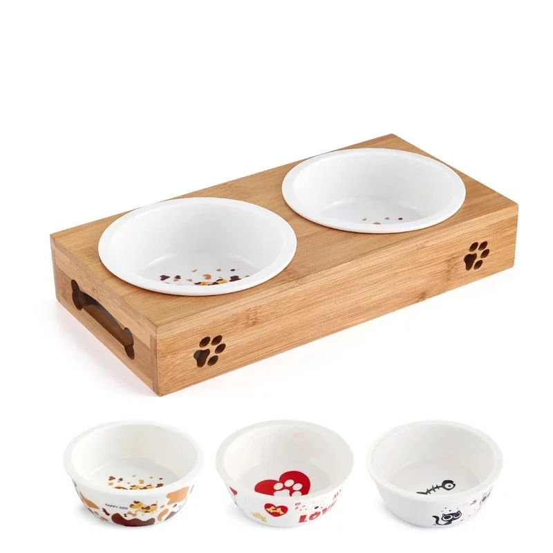 Pet Dog Cat Bowl  Bamboo Wooden Table Into A Kitten Skid Resistant Double Bowl Small Dog Food Bowl