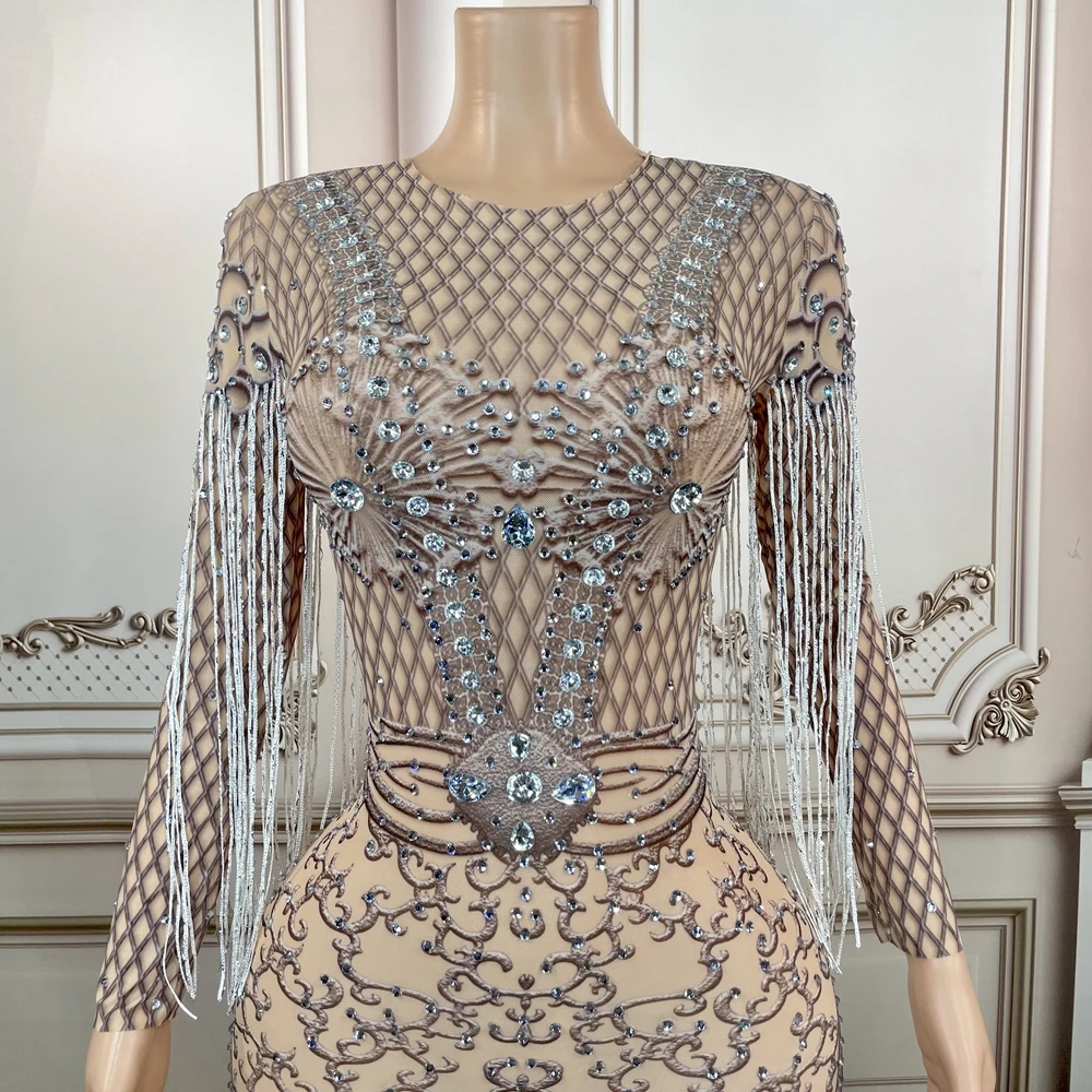 Vestido largo de malla con diamantes de imitación brillantes para mujer, traje de fiesta de noche, traje de celebración de cumpleaños, manga larga, flecos