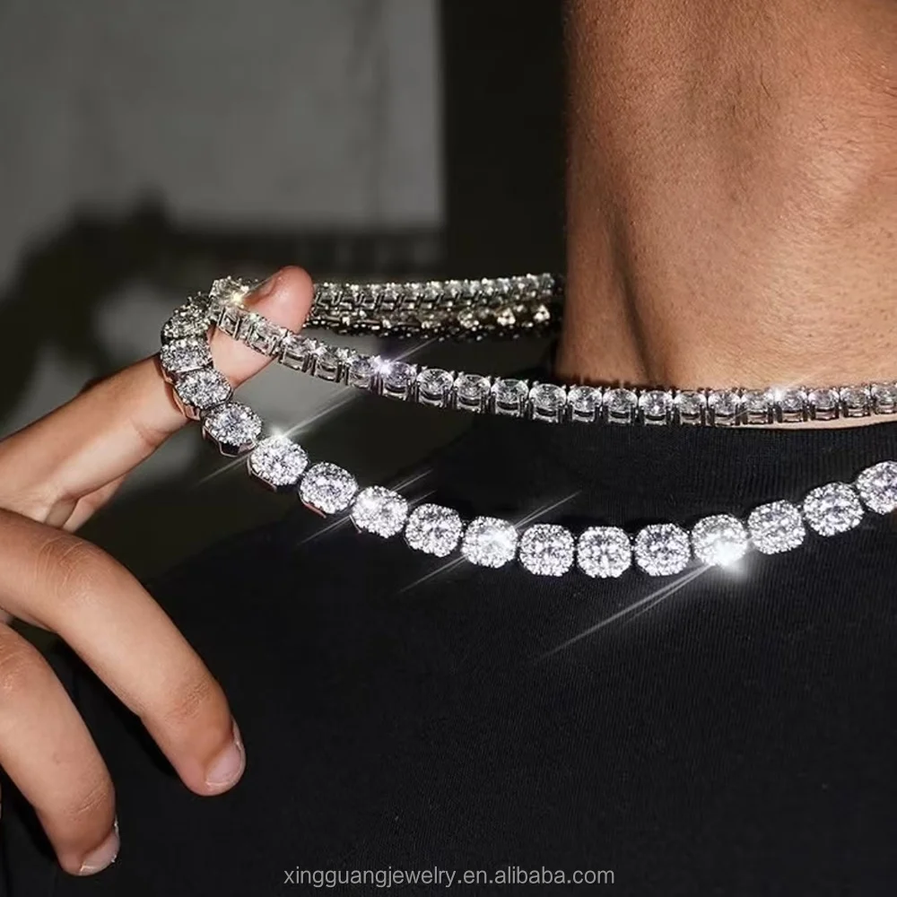 Large Size Cluster 8mm Tennis Chain VVS Moissanite White Gold Plated 925 Sterling Silver Tennis Chains for Men Women Necklace...