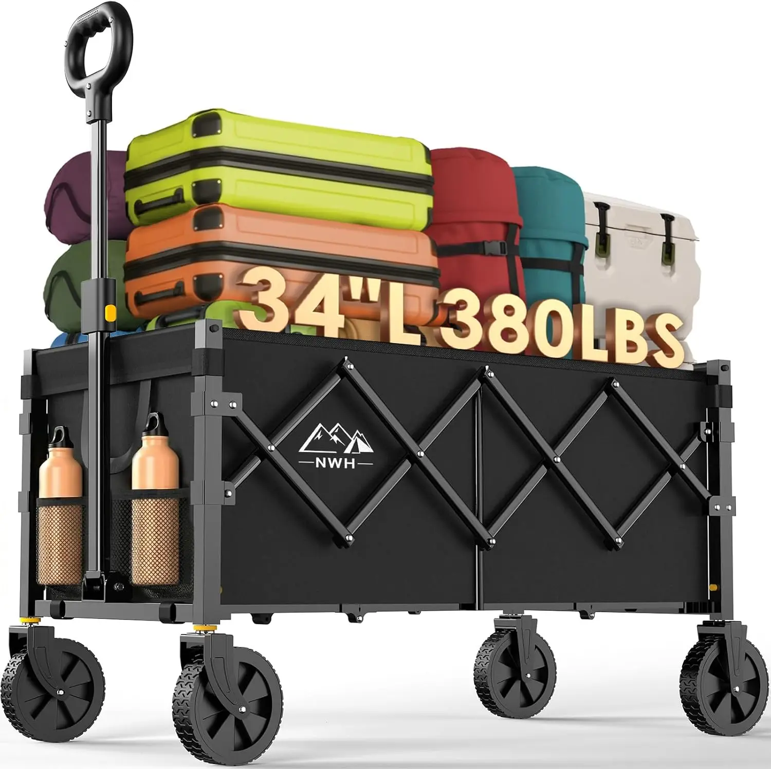 

380Lbs Extra Long Collapsible Wagon, Heavy Duty Folding Cart with All-Terrain Wheels for Beach Camping Garden Grocery