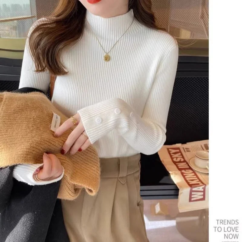 Women Autumn and Winter Korean New Half High Neck Knitted Bottom Shirt Simple Commuter Button Versatile Sweater Long Sleeve Tops