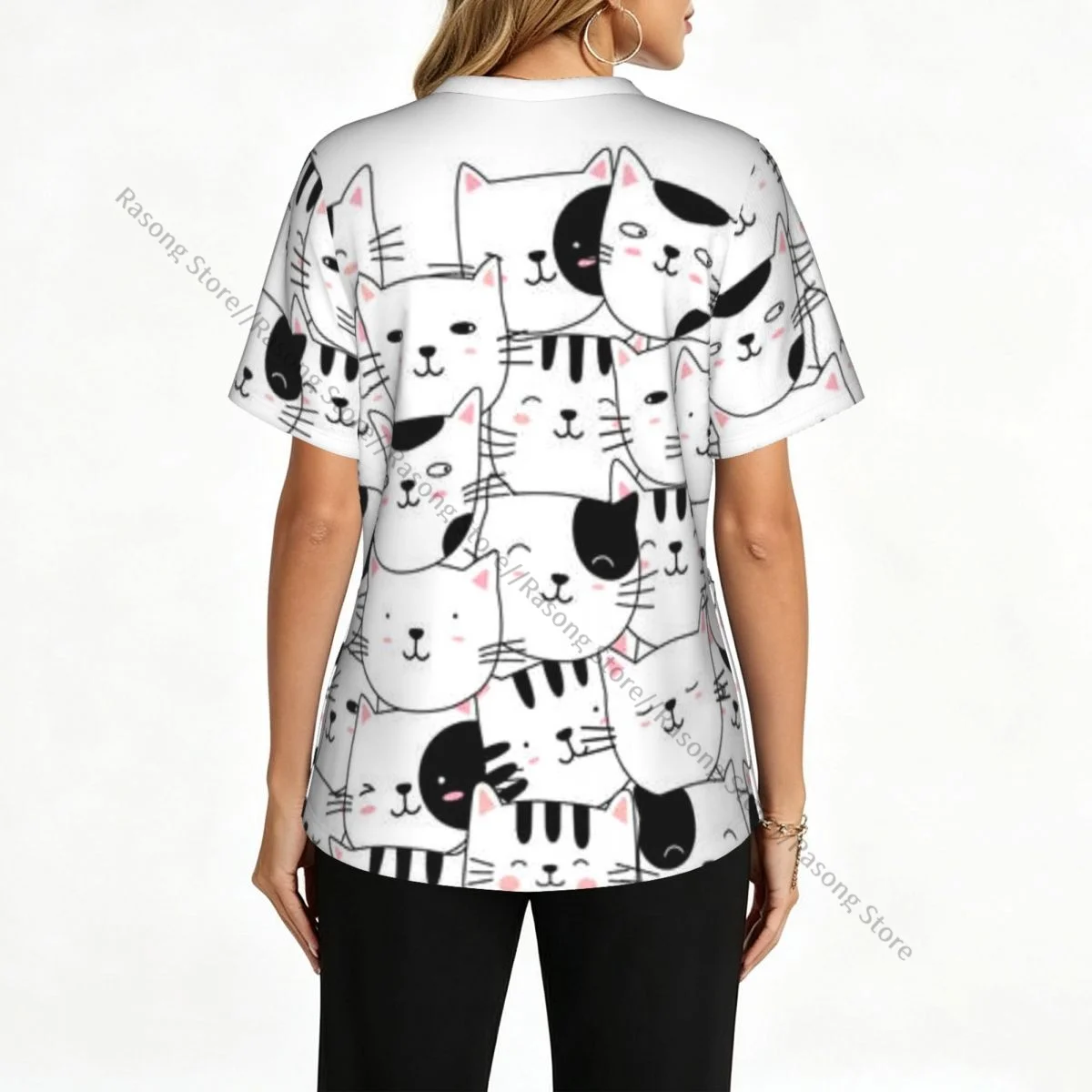 Cute Cat Animal Cartoon Scrubs Medical Uniforms Women V Neck Short Sleeve Tunic Scrubs Tops Nursing Surgical Uniforms