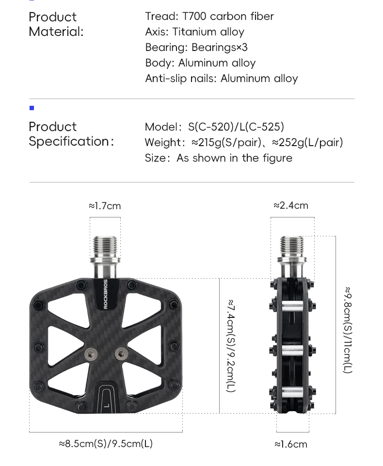 ROCKBROS Ultraleichte Carbonfaser-Pedale 3-Lager MTB Fahrradpedale Kraftsparend Wasserdicht Rutschfest für Straßen- und Mountainbikes – Detail 3