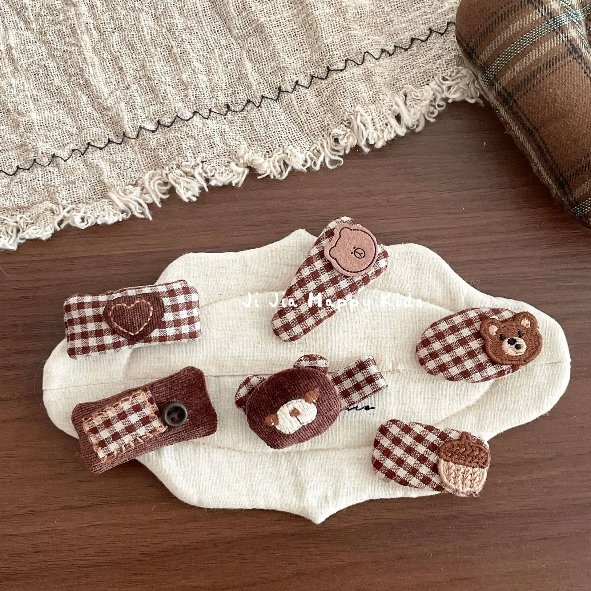Hair Clips Hair Ties Girls Coffee Plaid Bow Vintage Cartoon Bear Cloth Small Lightweight Kids Headwear Accessories School