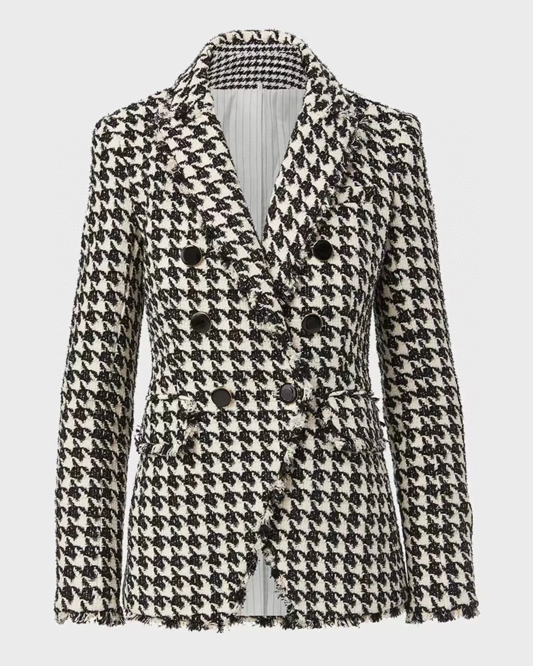 

2024 Spring Beard Houndstooth Tassels Long Sleeve Blazer