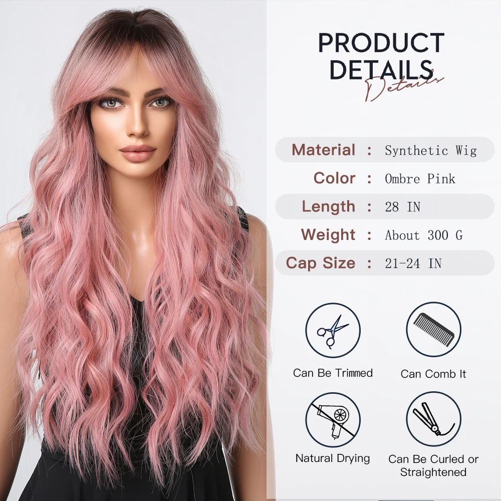 Synthetic Long Pink Wavy Wig with Bangs Curly Wave Natural Hair Dark Roots Wigs for Women Cosplay Party Lolita Heat Resistant