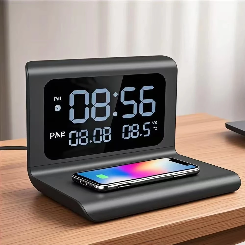 15wワイヤレス充電パッドスタンド、目覚まし時計と温度計付き、iphone-16-15-14-13-12、samsung携帯電話対応、急速充電ステーション
