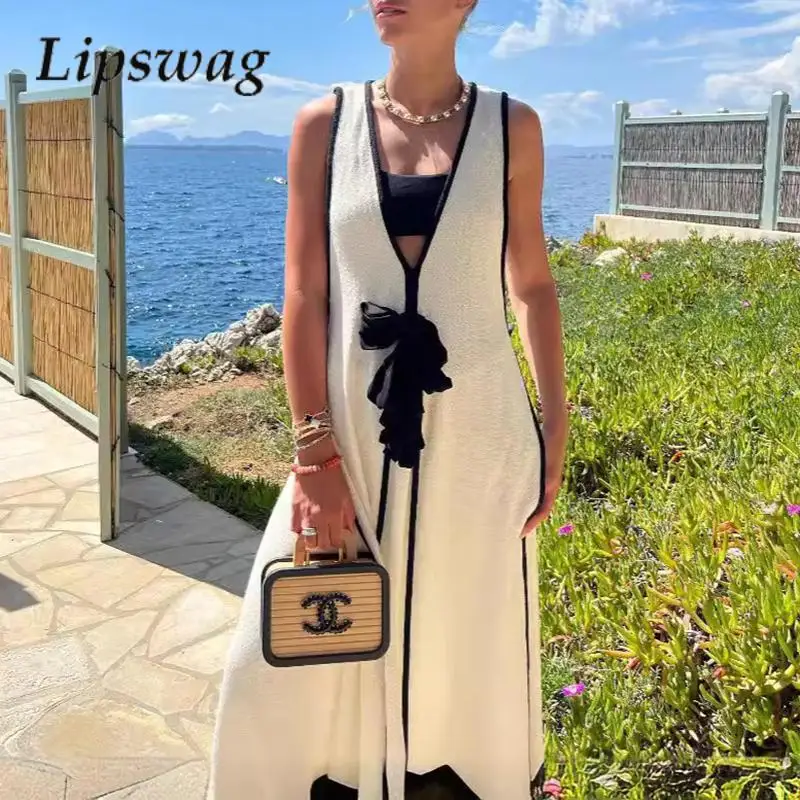 

Casual Women Sleeveless Slit Beach Cover-up Elegant Chic Fashion Contract Color Long Dress Sexy Lady Deep V-Neck Draped Dresses