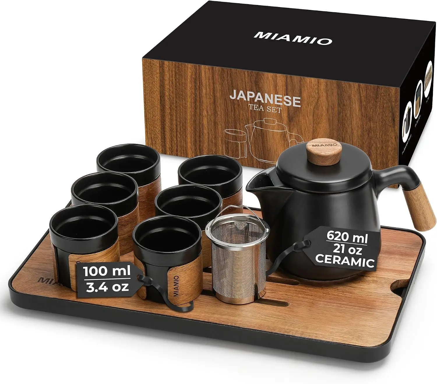 Traditional Japanese/Chinese Tea Set for Tea Lovers, Men and Women, Asian 21 oz Tea Pot with Infuser and 6 x 3.4 oz Japanese Tea Cups, Black