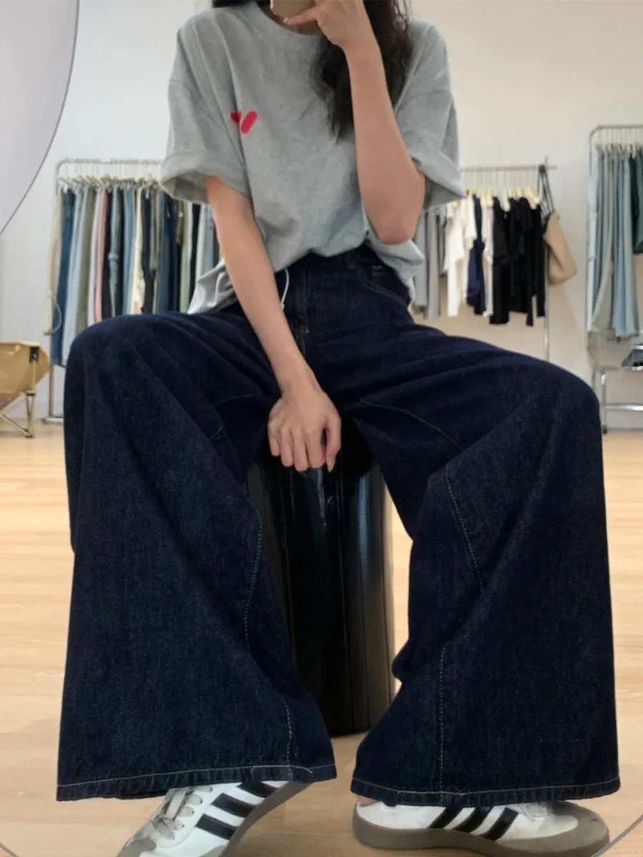 

Deep Blue Wide Leg Women's Jeans Loose Comfortable Flattering High Waist Straight Cut Spring Autumn plus Size Casual Loose Feel