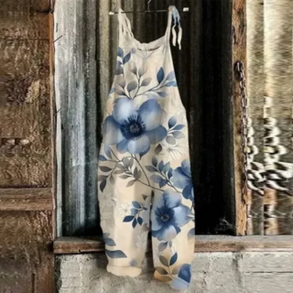 Summer 2025 women's jumpsuit, 3D green country style printed fashionable and laid-back jumpsuit, adjustable shoulder straps