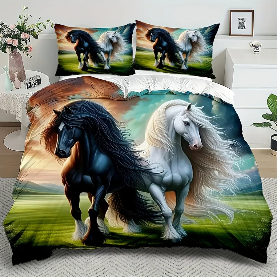 Black Horse and White Horse Duvet Cover Set Multi Size Quilt Cover Queen Size Bedroom Bedding Decoration Machine Washable Adult Boy Girl Bedroom