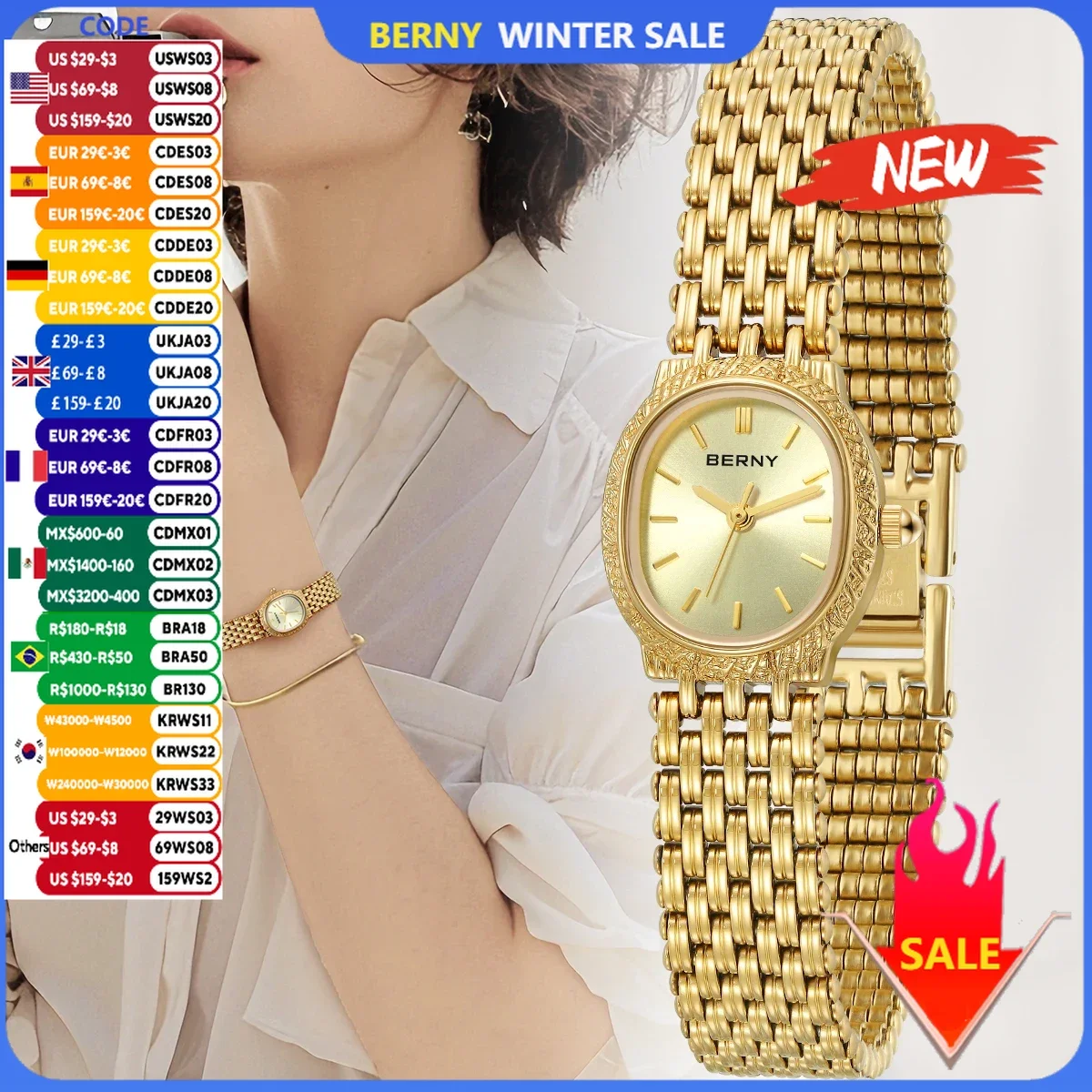 

BERNY Women Quartz Watch Gold Small Dial Wristwatch Luxury Elliptical Wristwatch Waterproof Simple Retro Dress Watch for Women