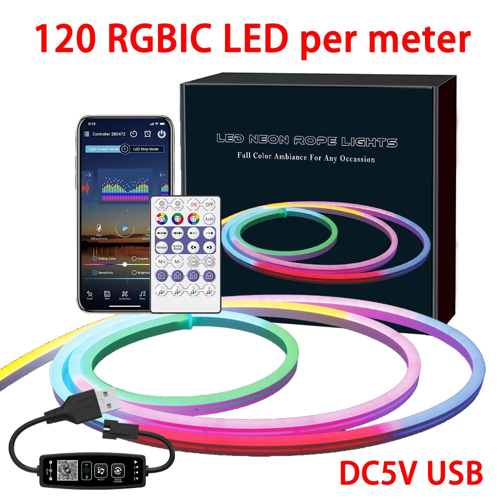 120LEDs/m WS2812B LED Neon Rope Lights DC5V RGBIC Neon Strip Light With Music for Room Gaming Room Decoration 0410 0711