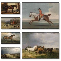 Vintage Medieval Style Horse and Dog Grassland Trees Poster Canvas Printing Decor Living Room Bedroom Wall Art Home Decor Gifts