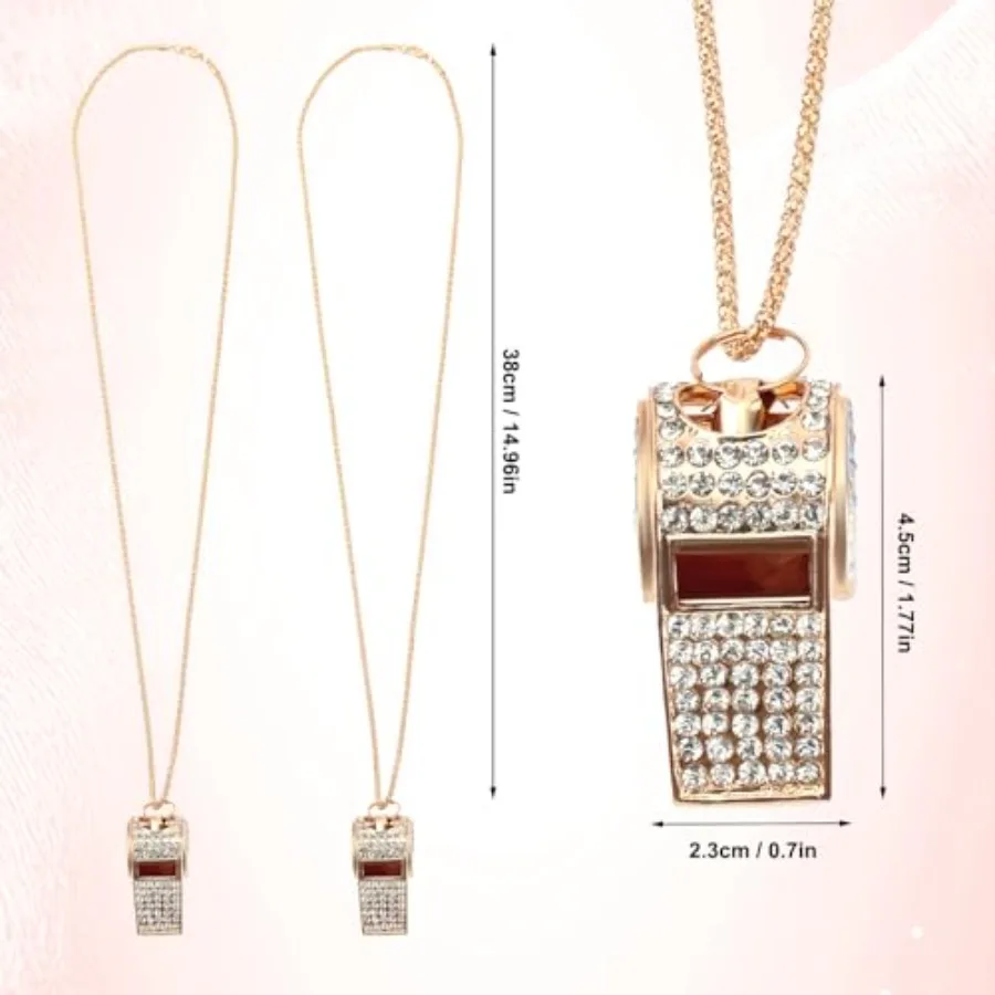 2 Buah Peluit Kristal Rhinestone Berkilau Kalung Logam Emas Peluit Suara Jernih dan Keras dengan Tali Rantai untuk Wasit Pelatih