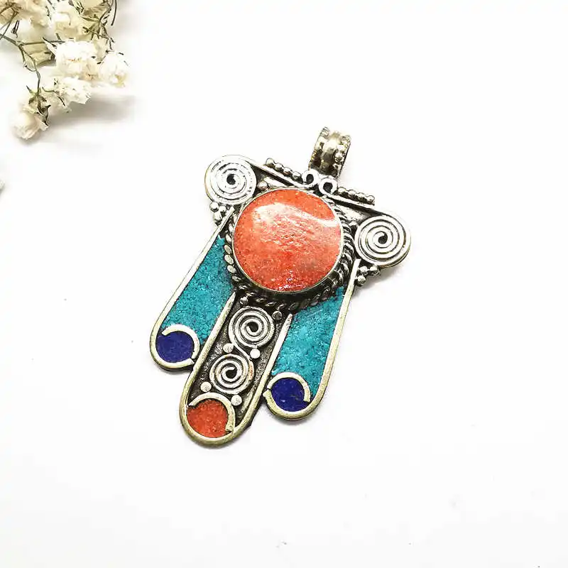 TBP338 Tibetan Buddha Hand Amulet Pendants White Metal Copper Inlaid Colorful Stone Vintage Pendant