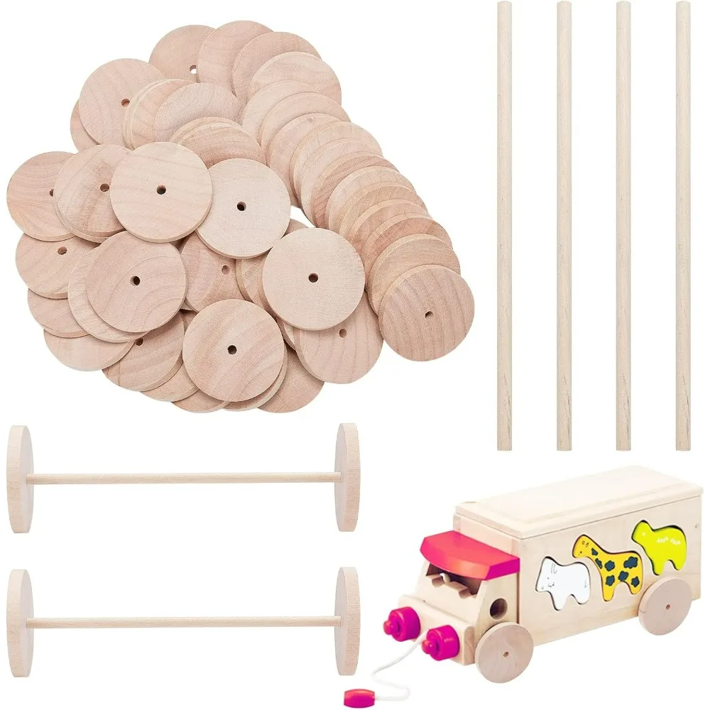 52 قطعة عجلات خشبية مع 26 قطعة العصي 2 بوصة قطرها عجلة غير مكتملة عجلات خشبية صغيرة طقم صنع خشبي مسطح