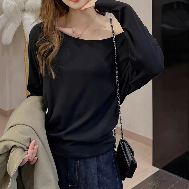 Spring Fall Daily Off Shoulder Basic Tees Ladies Skin-friendly Cotton Slash Neck Slim Fit Korean Youth Fashion Tops