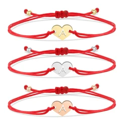 Real Gold-Plated Stainless Steel Love Peach Heart Initial Letter Alphabet A-Z Charm Bracelet Women Red Black String Jewelry Gift