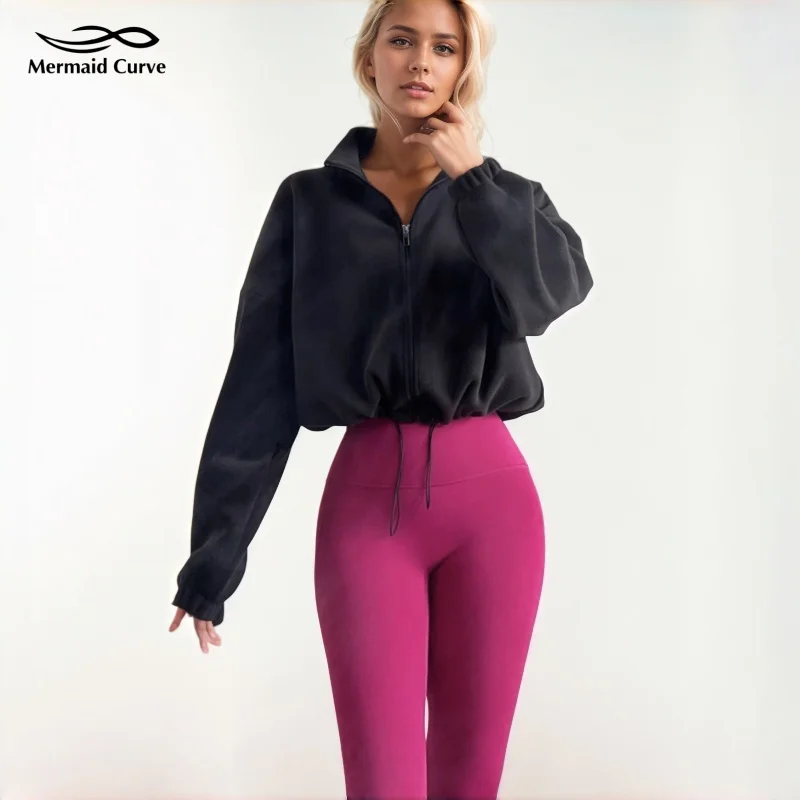 

Mermaid Curve Yoga Jacket Teddybear Lamb Velvet Sports Warm Drawstring Austrian Loose Windproof Plus Velvet Sweatshirt
