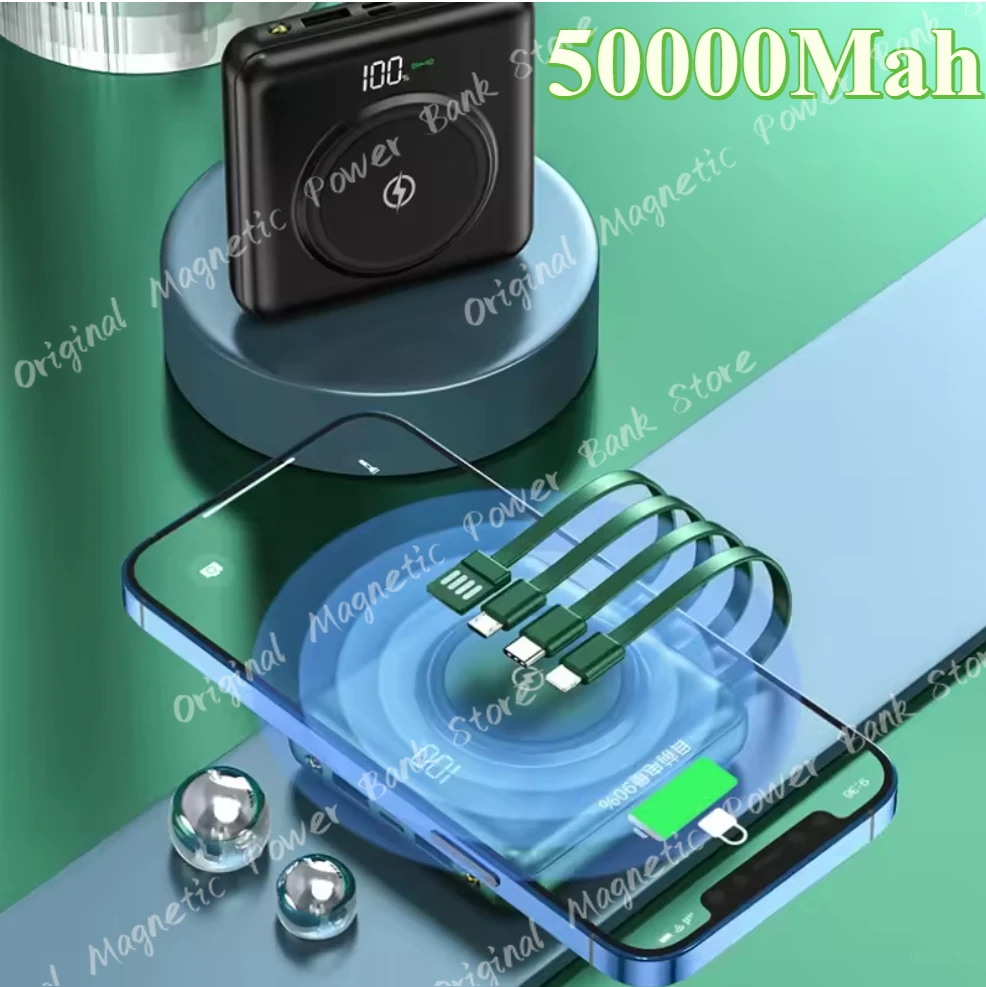 

New For Iphone 14 15 16 Xiaomi Samsung 50000mAh Wireless Power Bank Fast Charging Built-in Quad Power Cable Mobile Phone Charger