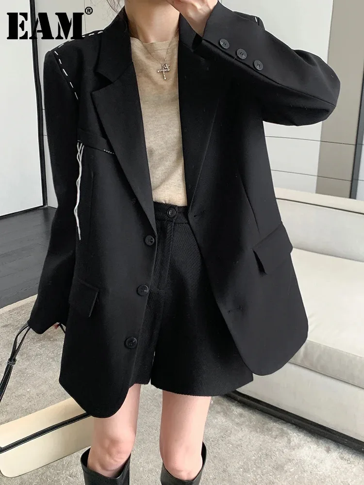 

[EAM] Women Black Topstitched Big Size Blazer New Lapel Long Sleeve Loose Fit Jacket Fashion Tide Spring Autumn 2024 1DF5042