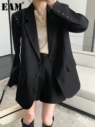 [EAM] Women Black Topstitched Big Size Blazer New Lapel Long Sleeve Loose Fit Jacket Fashion Tide Spring Autumn 2024 1DF5042