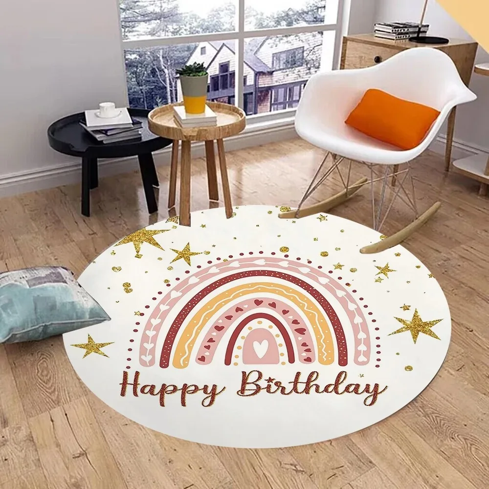 Rainbow Print Soft Round Rug Non Slip Floor Mat Happy Birthday Shower Party Decor Carpet for Bedroom Indoor Home Decoration