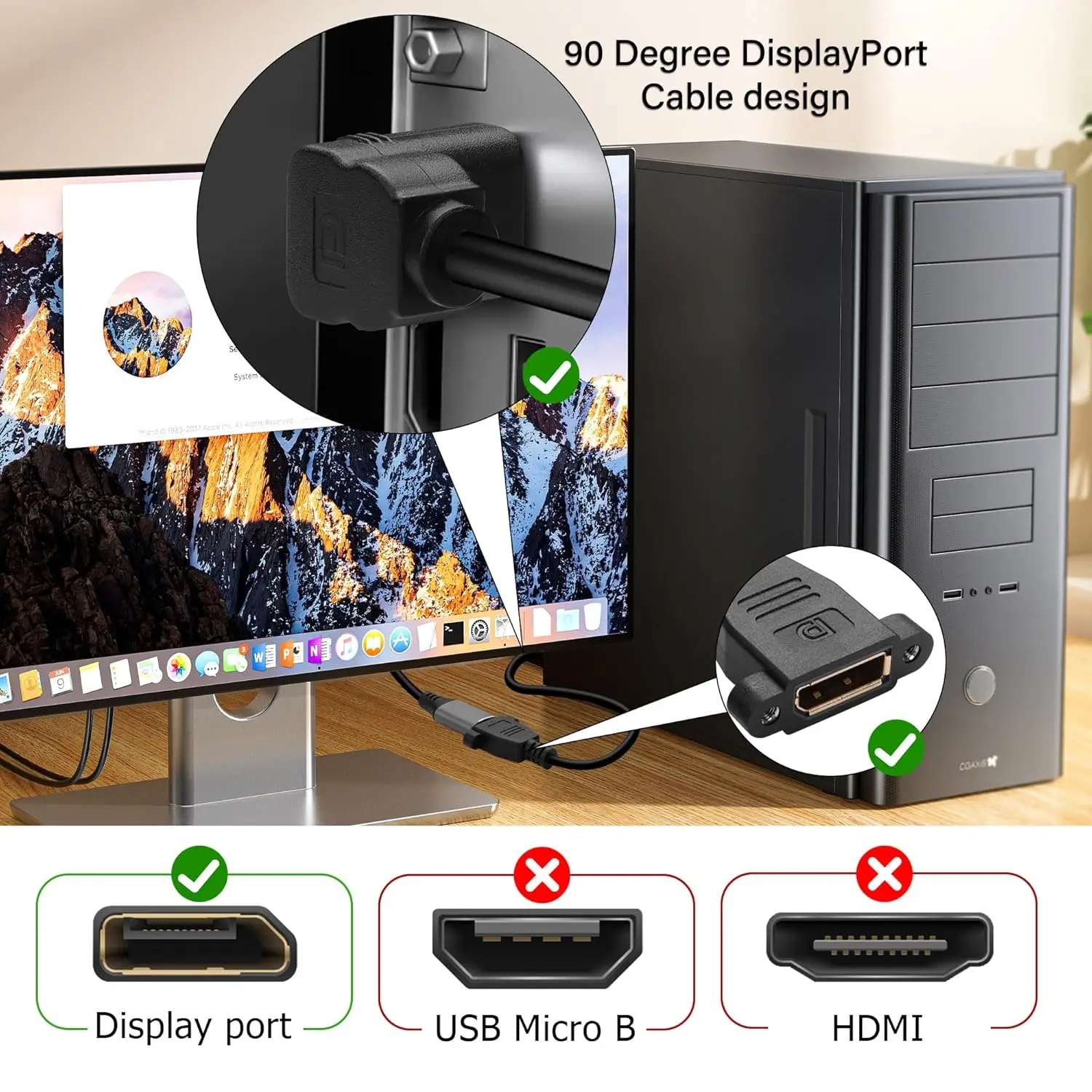 DisplayPort DP Male 90 Degree Angle to Female With Panel Mounting Screw Hole Extension Cable for Projectors, Digital Cameras