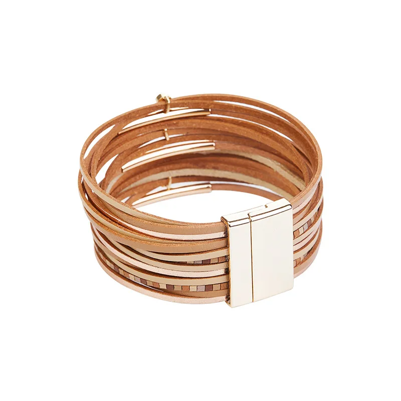 Bohemian Style Multilayer Leather Bracelets for Women Fashion Jewellery Hand Woven Leather Wide Magnet Clasp Female Bangle