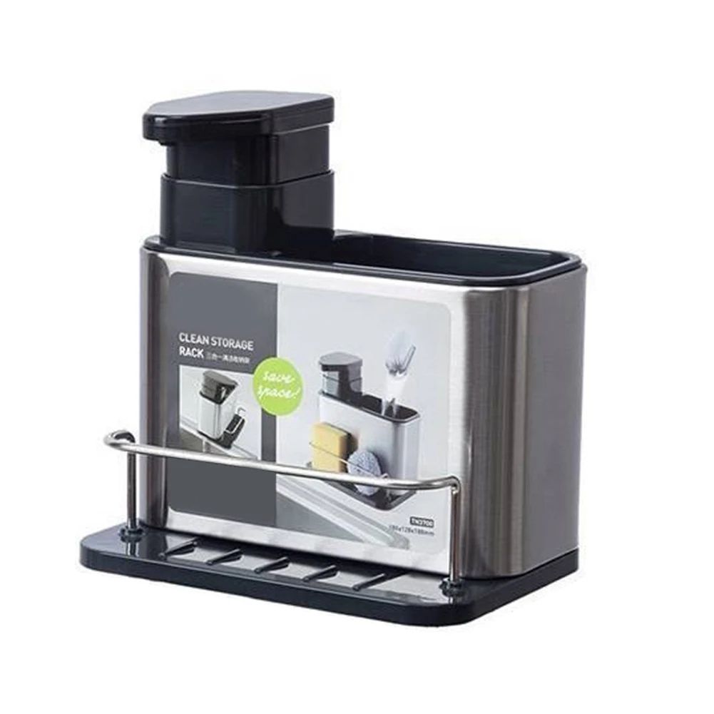 Multi Purpose Kitchen Solution Stainless Steel Sink Organizer with Integrated Dish Soap Dispensing Functionality