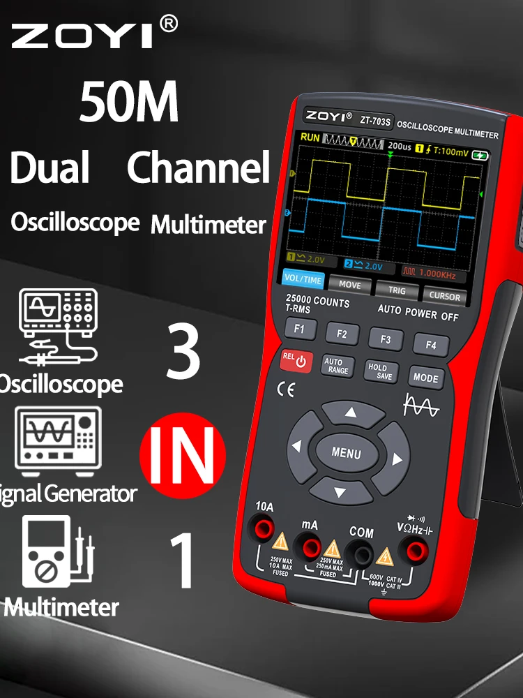ZOYI ZT-703S Multimetr oscyloskopowy 3 w 1 z 3,5-calowym wyświetlaczem IPS, 25000 zliczeń, podwójny kanał o szerokości pasma 50 MHz, wysoka częstotliwość 280 MSa/s