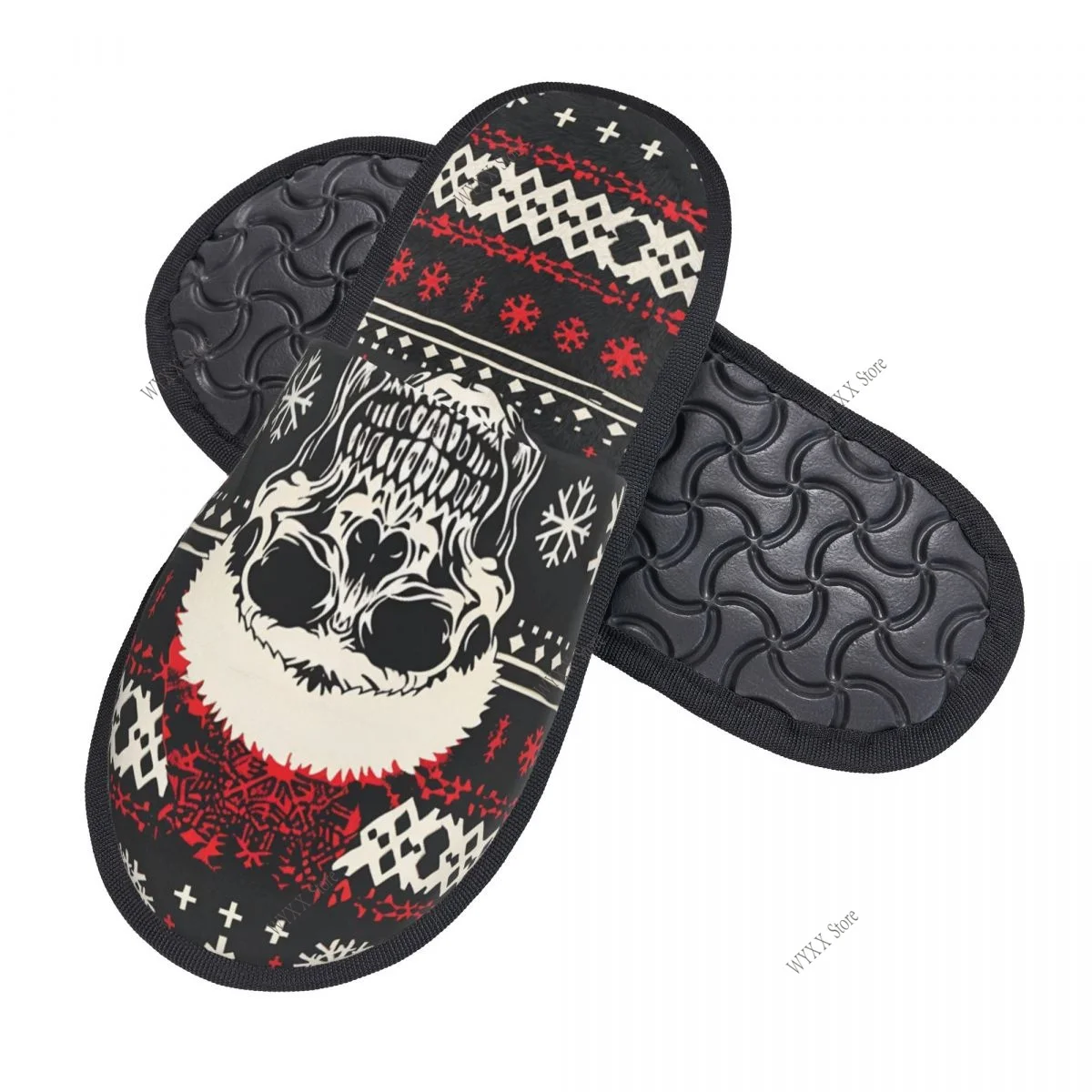 Men Women Plush Indoor Slippers Skull Wearing Santa Black Red Christmas Warm Soft Shoes Home Footwear Autumn Winter
