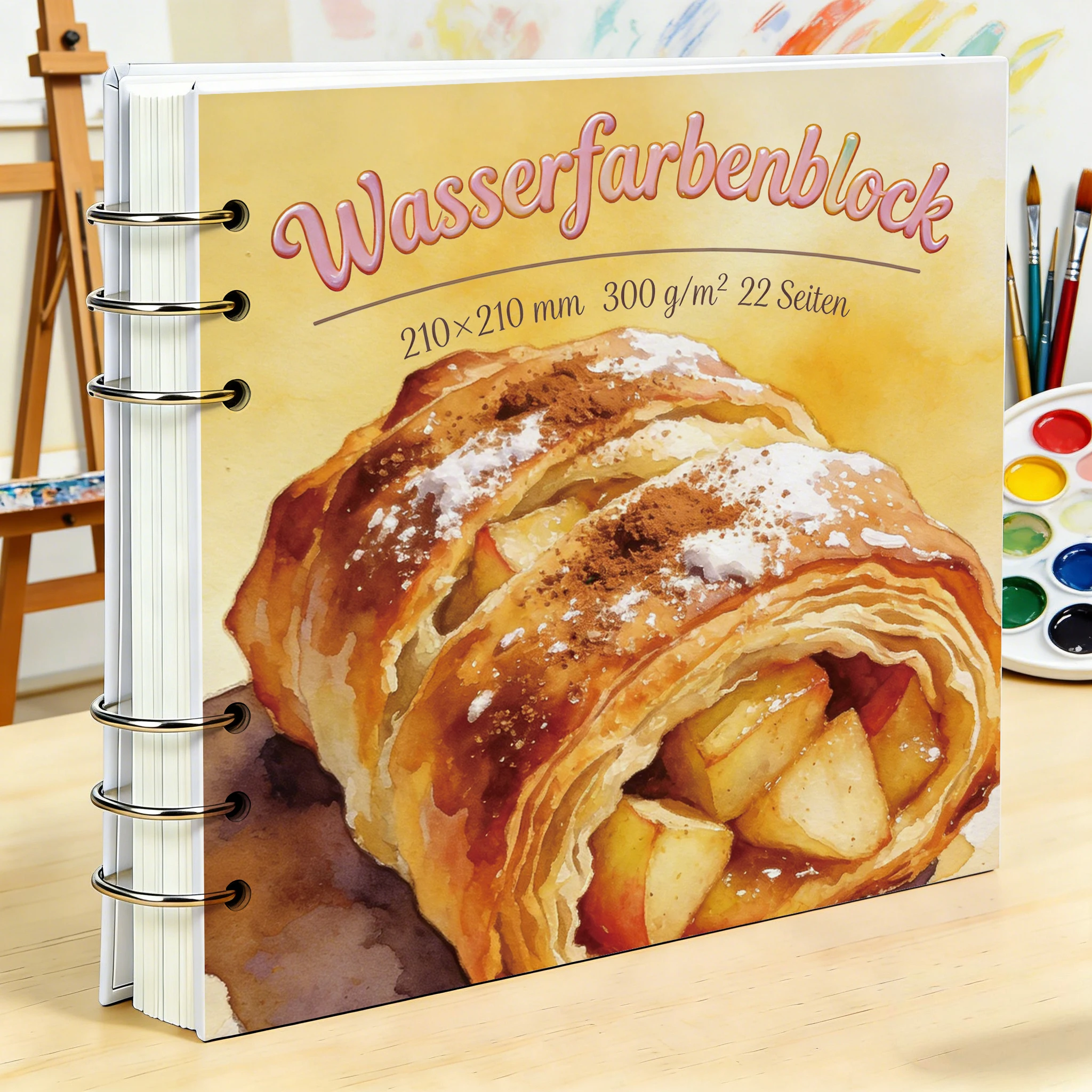 Cuaderno de bocetos profesional para acuarela, 210×210 mm, papel rugoso de 300 GSM, anillas metálicas extraíbles, cubierta con diseño de tarta de manzana pintada a mano, 22