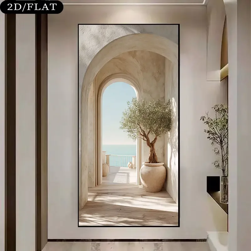 Large Frameless Coastal Mediterranean Olive Tree Arch Canvas Print - Greek Island Inspired Beige & White Greek Vibe Wall Art, 31